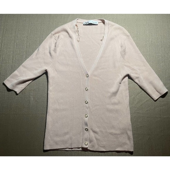 Zara Women’s Small S Blouse Light Pink Cropped Half Sleeve Button Up Cardigan - Picture 1 of 3